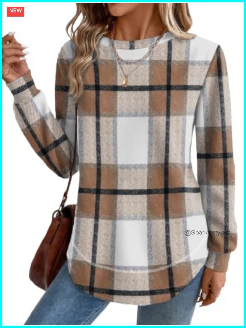 Crew Neck Tunic Sweater Long Sleeve Curved Hem Loose Fit Top